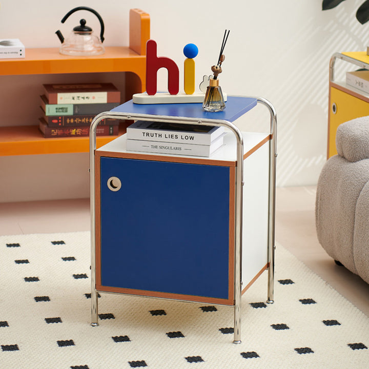 Contemporary Nordic Plank &amp; Stainless Steel Rectangular Nightstand With 1-Cabinet For Bedroom And Living Room