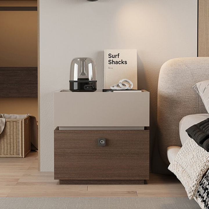 Moderna mesita de noche rectangular minimalista de roble con 2 cajones y cerradura inteligente para dormitorio y sala de estar 