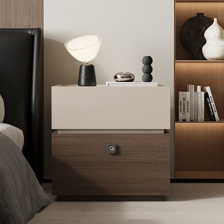 Moderna mesita de noche rectangular minimalista de roble con 2 cajones y cerradura inteligente para dormitorio y sala de estar 