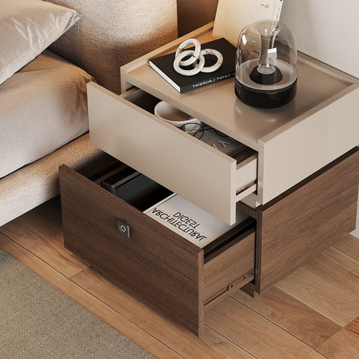 Moderna mesita de noche rectangular minimalista de roble con 2 cajones y cerradura inteligente para dormitorio y sala de estar 