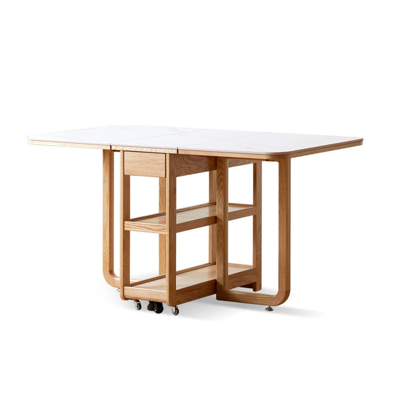 Modern Minimalist Rock Slab &amp; Oak Rectangular Foldable Dining Table For 2-4 Seats