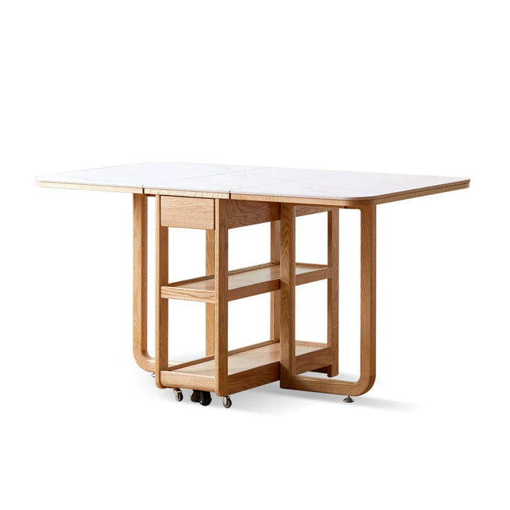 Modern Minimalist Rock Slab &amp; Oak Rectangular Foldable Dining Table For 2-4 Seats