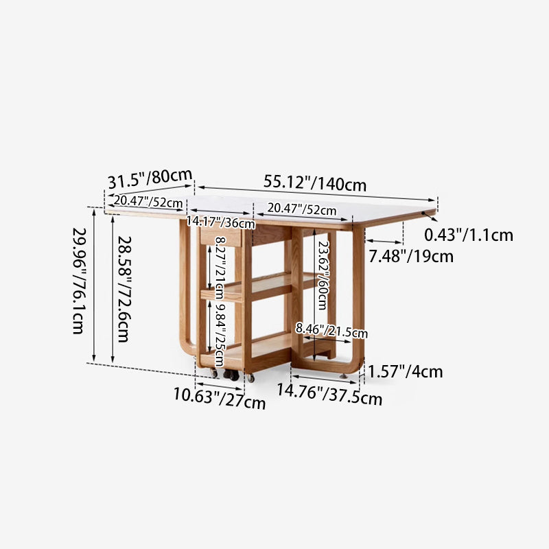 Modern Minimalist Rock Slab &amp; Oak Rectangular Foldable Dining Table For 2-4 Seats