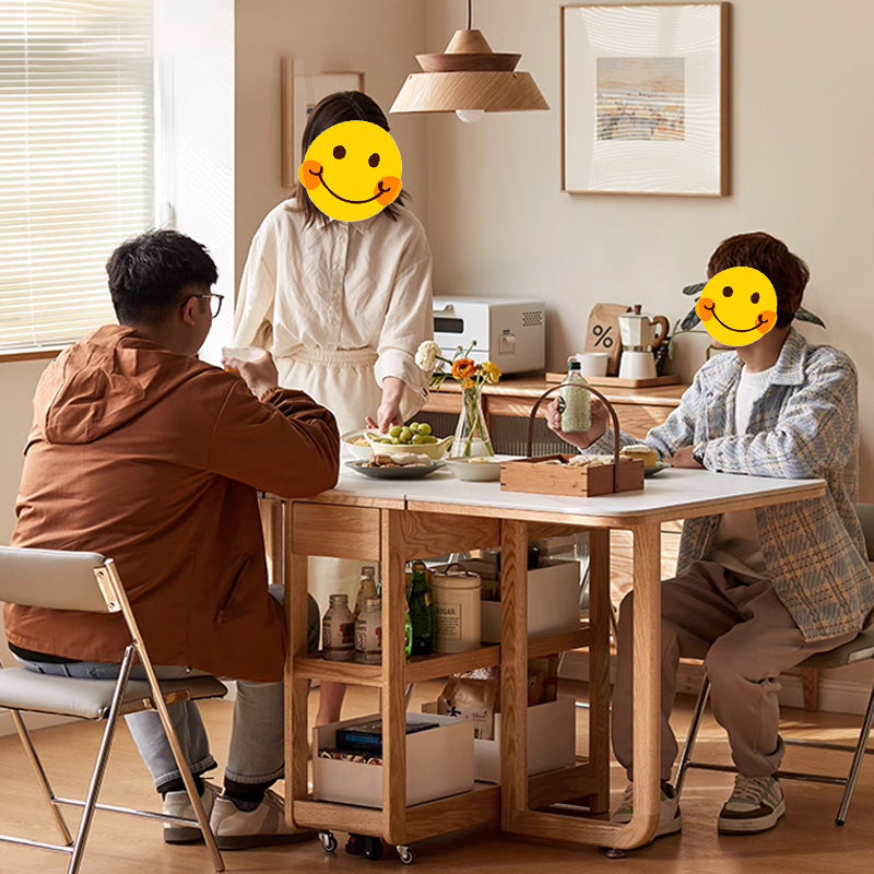 Modern Minimalist Rock Slab &amp; Oak Rectangular Foldable Dining Table For 2-4 Seats