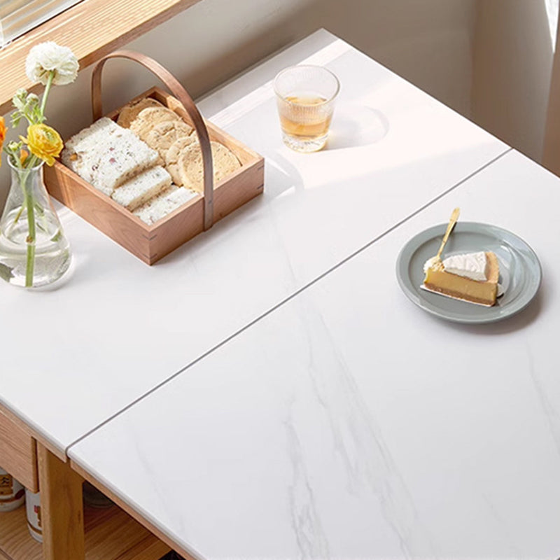 Modern Minimalist Rock Slab &amp; Oak Rectangular Foldable Dining Table For 2-4 Seats