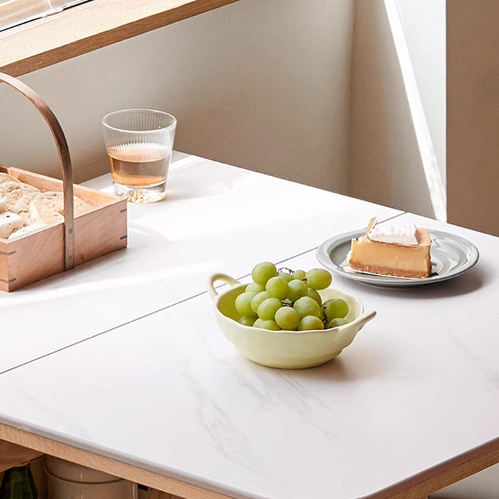 Modern Minimalist Rock Slab &amp; Oak Rectangular Foldable Dining Table For 2-4 Seats