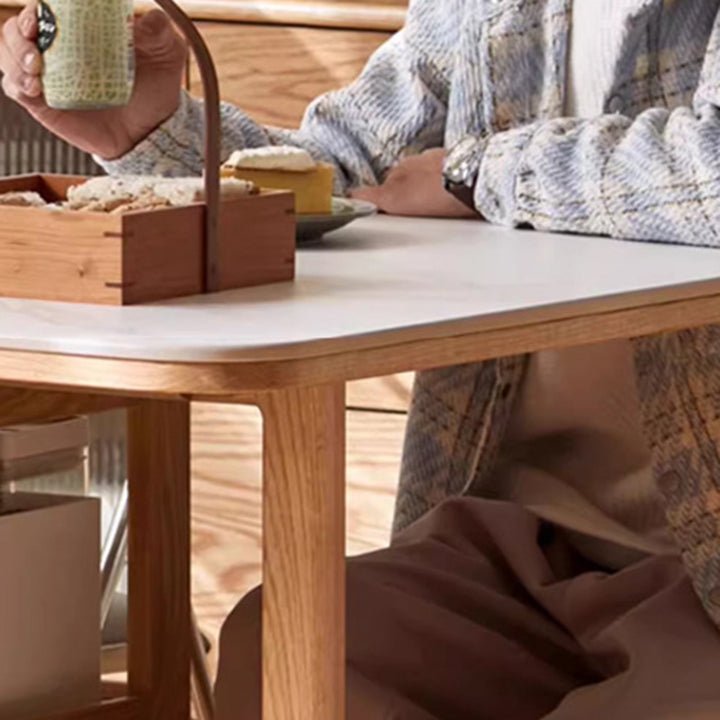 Modern Minimalist Rock Slab &amp; Oak Rectangular Foldable Dining Table For 2-4 Seats