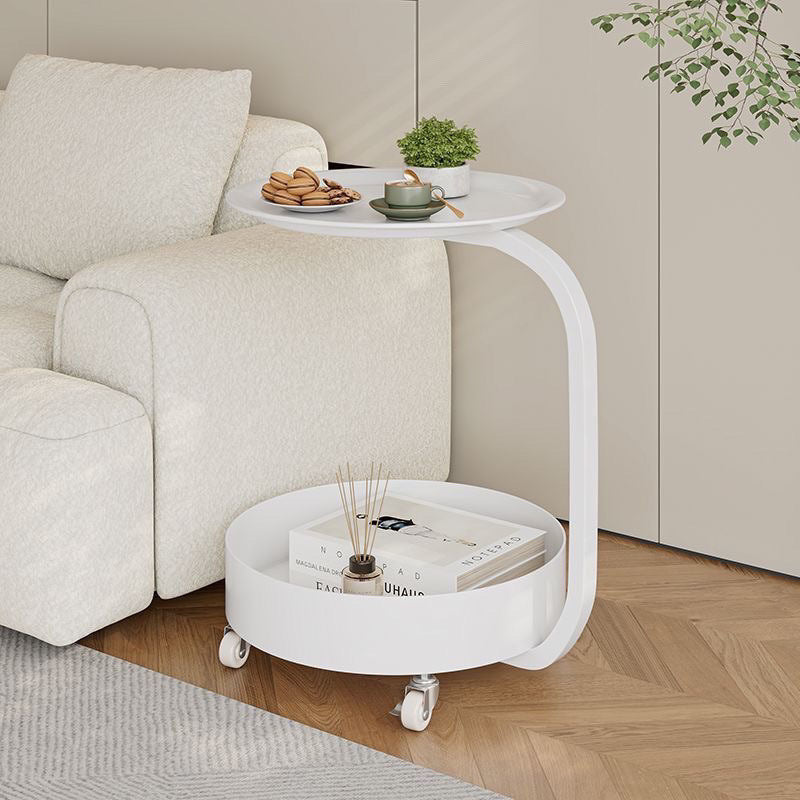 Mesa Auxiliar Redonda de Mármol e Hierro Minimalista Moderna con Almacenamiento de 2 Niveles para Dormitorio y Sala de Estar 