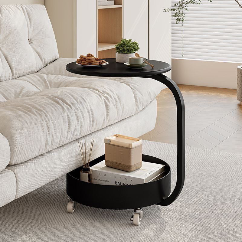 Mesa Auxiliar Redonda de Mármol e Hierro Minimalista Moderna con Almacenamiento de 2 Niveles para Dormitorio y Sala de Estar 