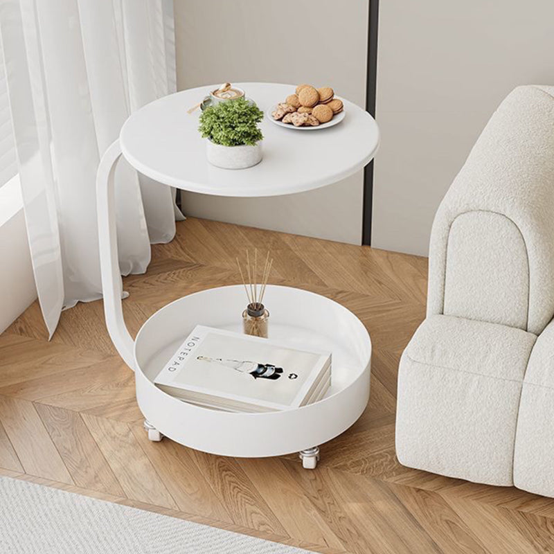 Mesa Auxiliar Redonda de Mármol e Hierro Minimalista Moderna con Almacenamiento de 2 Niveles para Dormitorio y Sala de Estar 