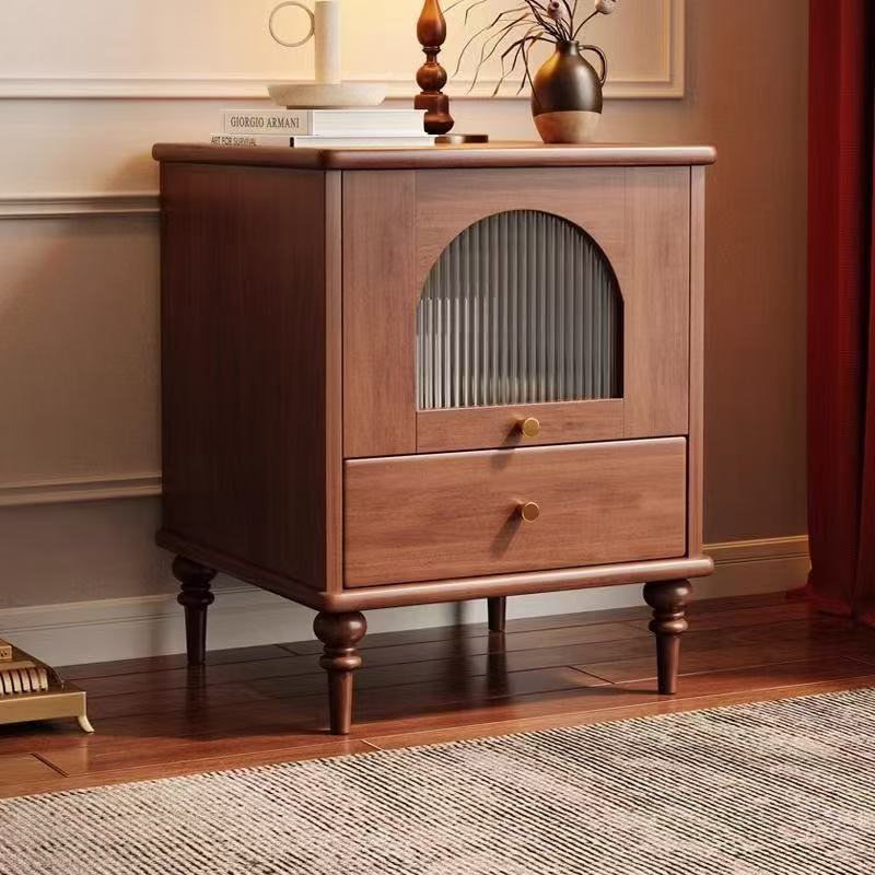 Mesita de noche rectangular de madera vintage tradicional con 1 cajón para dormitorio y sala de estar 