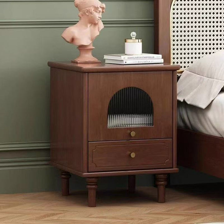 Mesita de noche rectangular de madera vintage tradicional con 1 cajón para dormitorio y sala de estar 