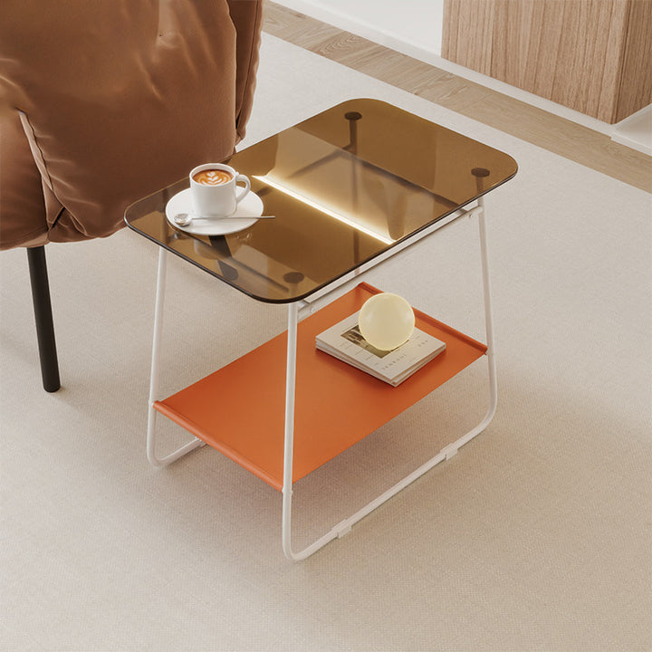 Moderner minimalistischer rechteckiger Beistelltisch aus Glas und Kohlenstoffstahl mit 2-stufigem Stauraum für Schlafzimmer und Wohnzimmer 