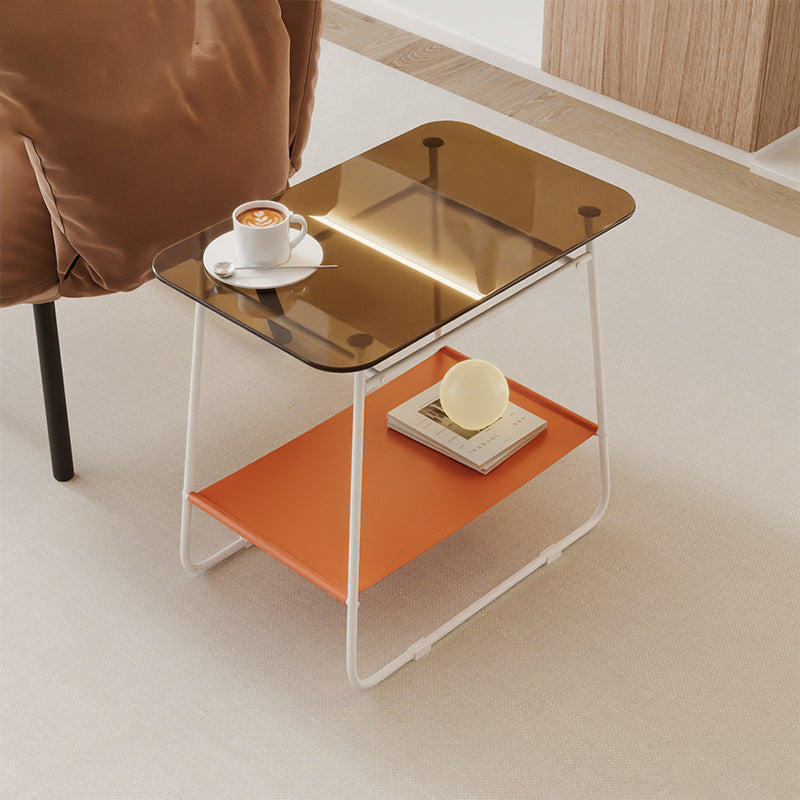 Moderner minimalistischer rechteckiger Beistelltisch aus Glas und Kohlenstoffstahl mit 2-stufigem Stauraum für Schlafzimmer und Wohnzimmer 