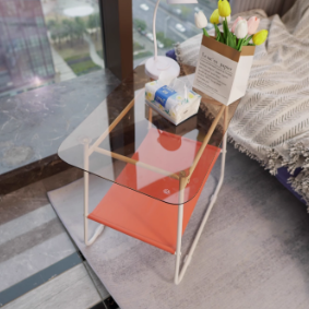 Moderner minimalistischer rechteckiger Beistelltisch aus Glas und Kohlenstoffstahl mit 2-stufigem Stauraum für Schlafzimmer und Wohnzimmer 