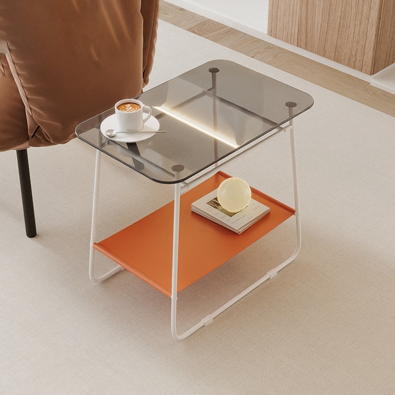 Moderner minimalistischer rechteckiger Beistelltisch aus Glas und Kohlenstoffstahl mit 2-stufigem Stauraum für Schlafzimmer und Wohnzimmer 