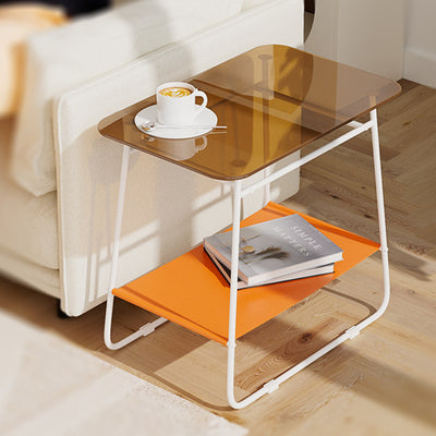 Moderner minimalistischer rechteckiger Beistelltisch aus Glas und Kohlenstoffstahl mit 2-stufigem Stauraum für Schlafzimmer und Wohnzimmer 