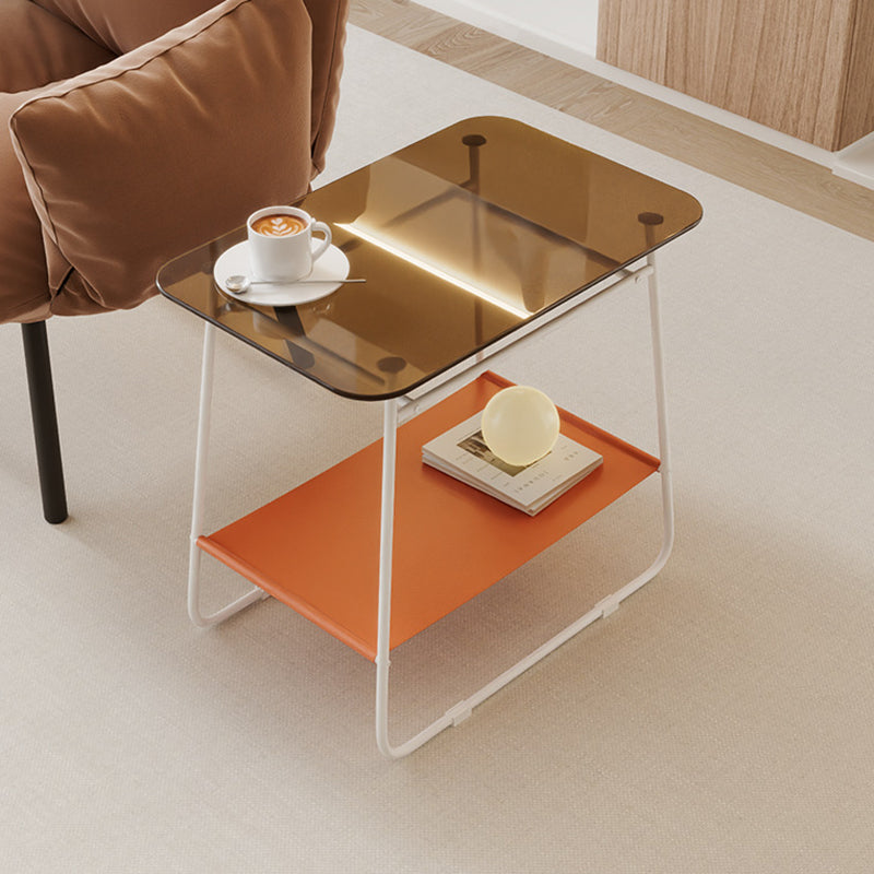 Moderner minimalistischer rechteckiger Beistelltisch aus Glas und Kohlenstoffstahl mit 2-stufigem Stauraum für Schlafzimmer und Wohnzimmer 