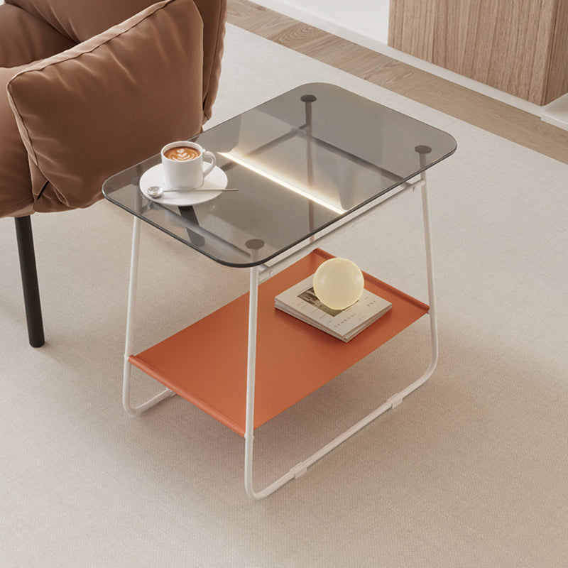 Moderner minimalistischer rechteckiger Beistelltisch aus Glas und Kohlenstoffstahl mit 2-stufigem Stauraum für Schlafzimmer und Wohnzimmer 