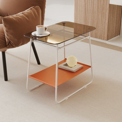 Moderner minimalistischer rechteckiger Beistelltisch aus Glas und Kohlenstoffstahl mit 2-stufigem Stauraum für Schlafzimmer und Wohnzimmer 