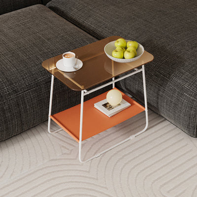 Moderner minimalistischer rechteckiger Beistelltisch aus Glas und Kohlenstoffstahl mit 2-stufigem Stauraum für Schlafzimmer und Wohnzimmer 
