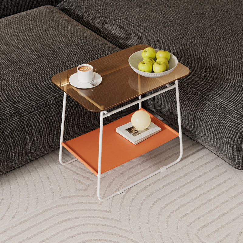 Moderner minimalistischer rechteckiger Beistelltisch aus Glas und Kohlenstoffstahl mit 2-stufigem Stauraum für Schlafzimmer und Wohnzimmer 