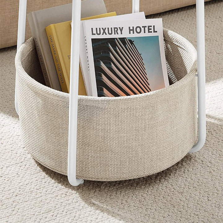 Modern Minimalist Metal Round Side Table With Fabric Basket Storage 2-Tier For Bedroom &amp; Living Room