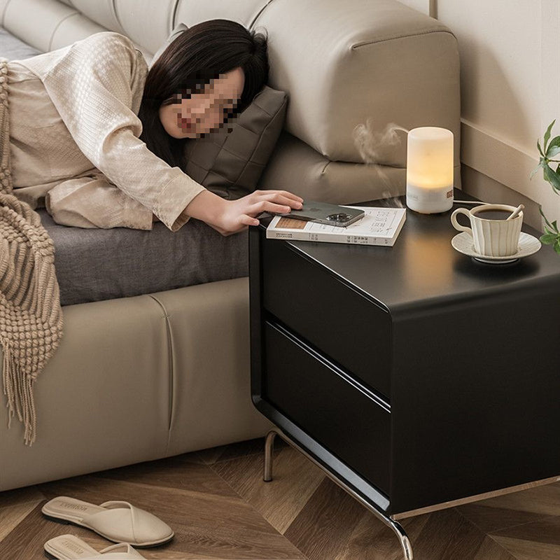 Contemporary Nordic Wood &amp; Stainless Steel Rectangular Nightstand With 2 Drawers For Bedroom &amp; Living Room