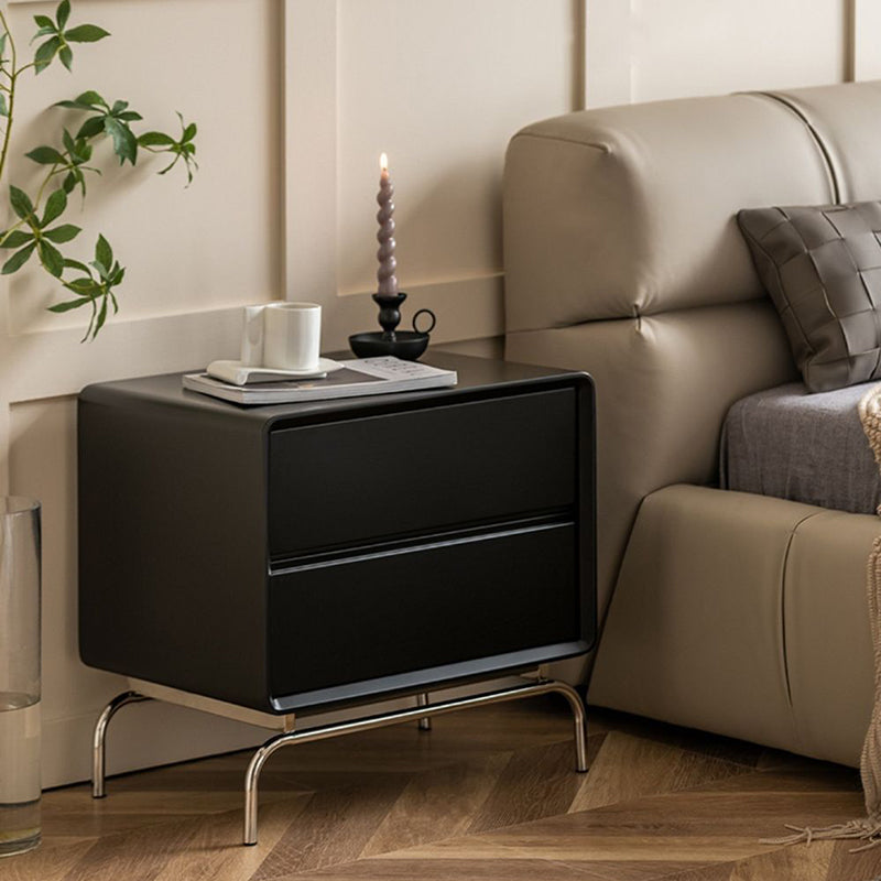 Table de chevet rectangulaire contemporain en bois nordique et acier inoxydable avec 2 tiroirs pour chambre et salon 