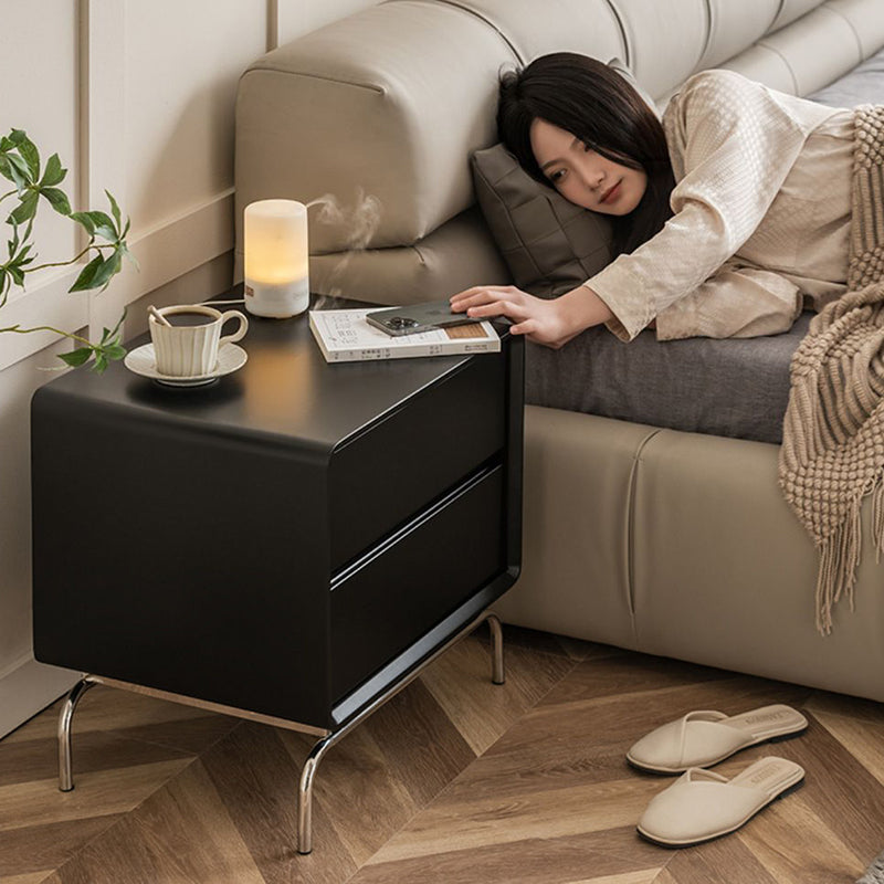 Table de chevet rectangulaire contemporain en bois nordique et acier inoxydable avec 2 tiroirs pour chambre et salon 