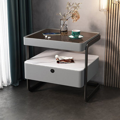 Mesita de noche rectangular moderna minimalista de losa de roca, vidrio, cuero PU, madera y acero al carbono con 1 cajón para dormitorio y sala de estar 