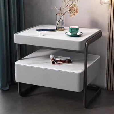 Mesita de noche rectangular moderna minimalista de losa de roca, vidrio, cuero PU, madera y acero al carbono con 1 cajón para dormitorio y sala de estar 