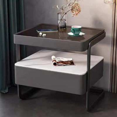Mesita de noche rectangular moderna minimalista de losa de roca, vidrio, cuero PU, madera y acero al carbono con 1 cajón para dormitorio y sala de estar 