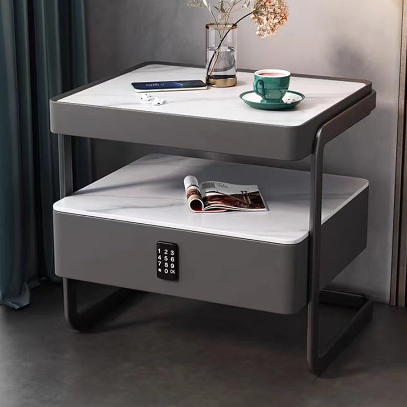 Mesita de noche rectangular moderna minimalista de losa de roca, vidrio, cuero PU, madera y acero al carbono con 1 cajón para dormitorio y sala de estar 