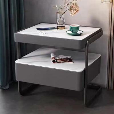 Mesita de noche rectangular moderna minimalista de losa de roca, vidrio, cuero PU, madera y acero al carbono con 1 cajón para dormitorio y sala de estar 