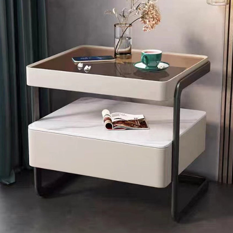 Mesita de noche rectangular moderna minimalista de losa de roca, vidrio, cuero PU, madera y acero al carbono con 1 cajón para dormitorio y sala de estar 