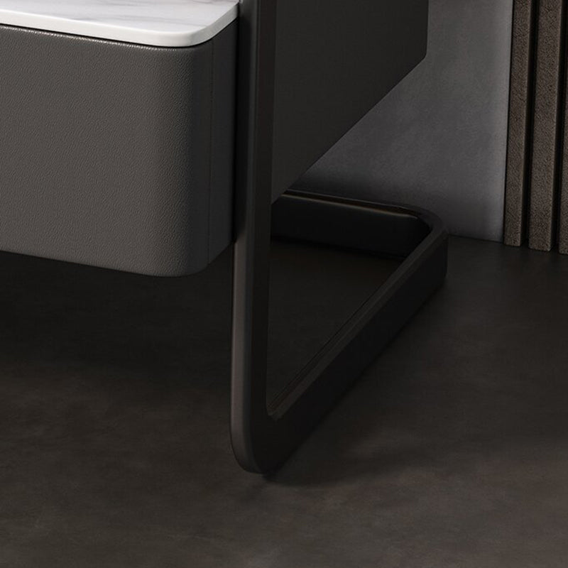 Mesita de noche rectangular moderna minimalista de losa de roca, vidrio, cuero PU, madera y acero al carbono con 1 cajón para dormitorio y sala de estar 