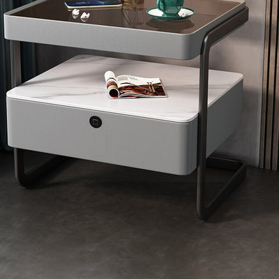 Mesita de noche rectangular moderna minimalista de losa de roca, vidrio, cuero PU, madera y acero al carbono con 1 cajón para dormitorio y sala de estar 
