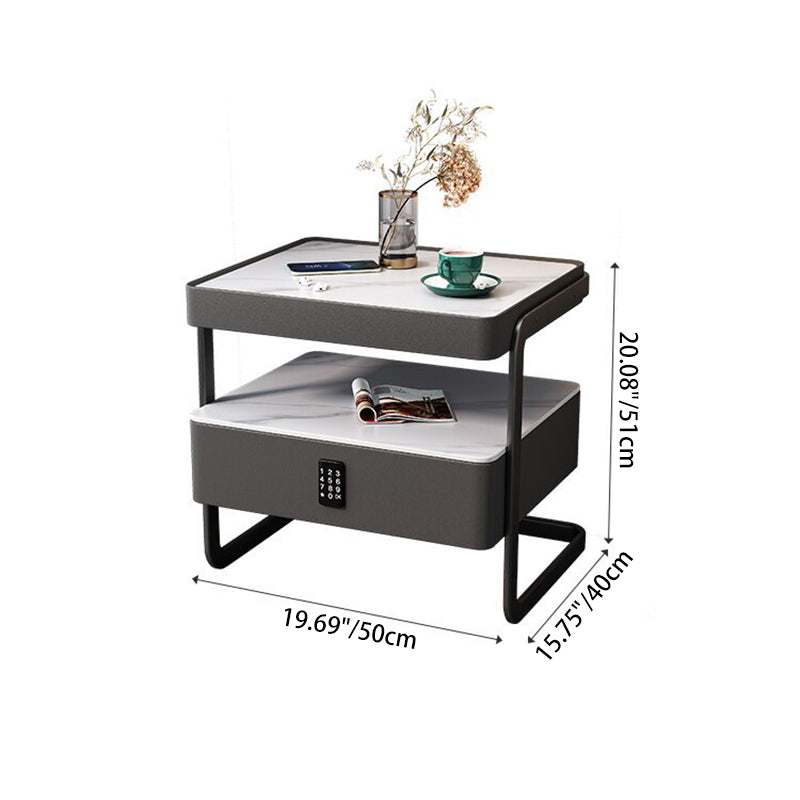 Mesita de noche rectangular moderna minimalista de losa de roca, vidrio, cuero PU, madera y acero al carbono con 1 cajón para dormitorio y sala de estar 