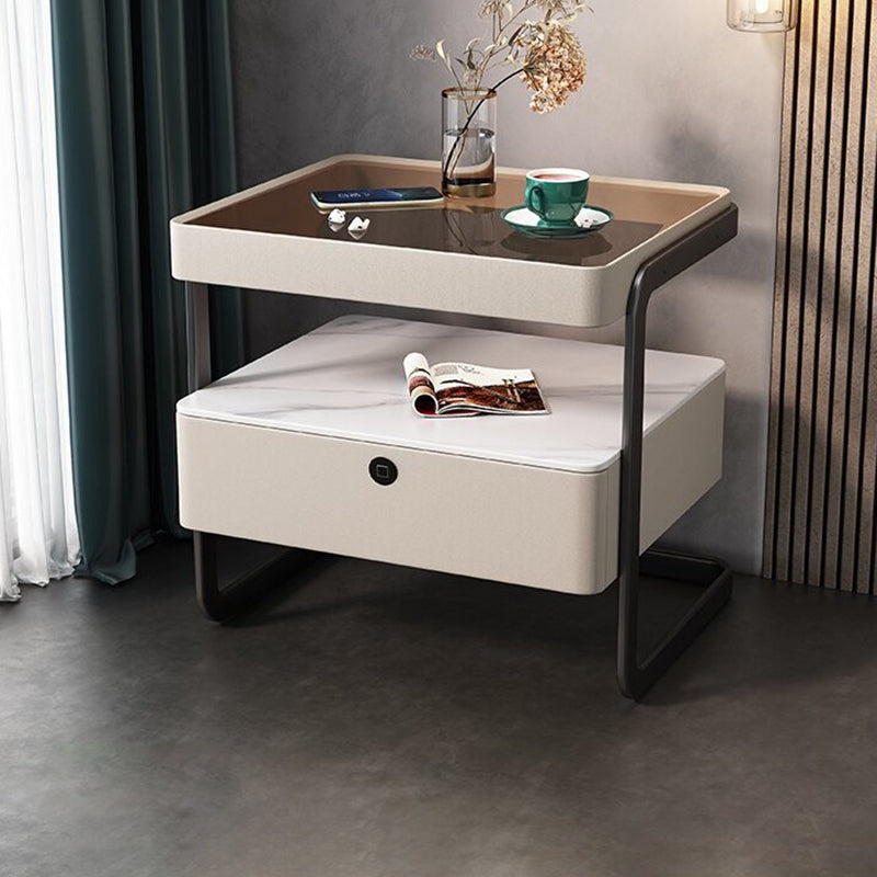 Mesita de noche rectangular moderna minimalista de losa de roca, vidrio, cuero PU, madera y acero al carbono con 1 cajón para dormitorio y sala de estar 