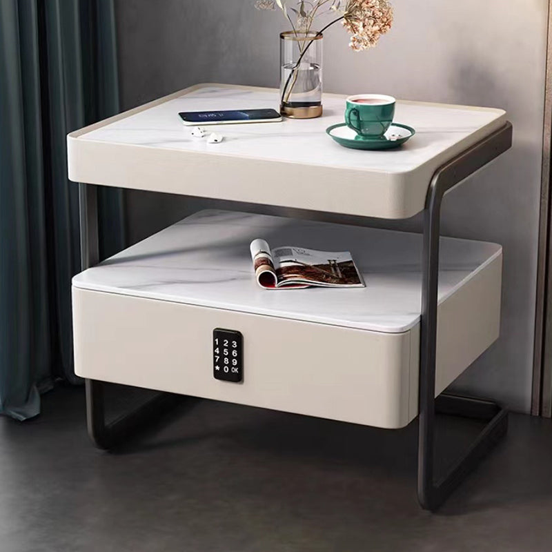 Mesita de noche rectangular moderna minimalista de losa de roca, vidrio, cuero PU, madera y acero al carbono con 1 cajón para dormitorio y sala de estar 