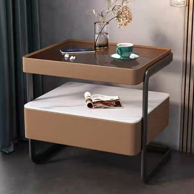 Mesita de noche rectangular moderna minimalista de losa de roca, vidrio, cuero PU, madera y acero al carbono con 1 cajón para dormitorio y sala de estar 