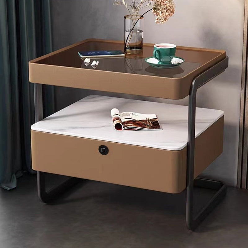 Mesita de noche rectangular moderna minimalista de losa de roca, vidrio, cuero PU, madera y acero al carbono con 1 cajón para dormitorio y sala de estar 