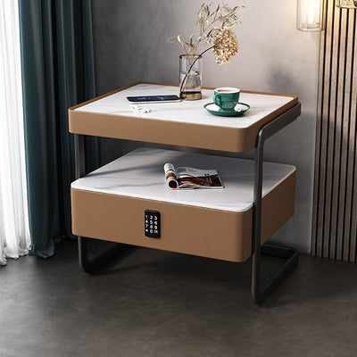 Mesita de noche rectangular moderna minimalista de losa de roca, vidrio, cuero PU, madera y acero al carbono con 1 cajón para dormitorio y sala de estar 