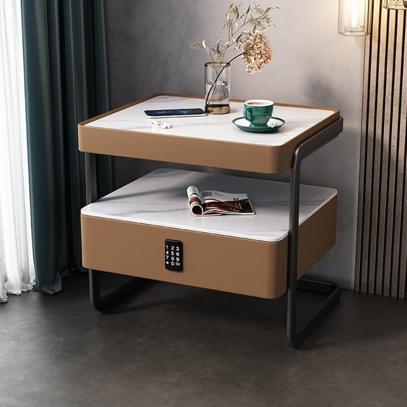 Mesita de noche rectangular moderna minimalista de losa de roca, vidrio, cuero PU, madera y acero al carbono con 1 cajón para dormitorio y sala de estar 