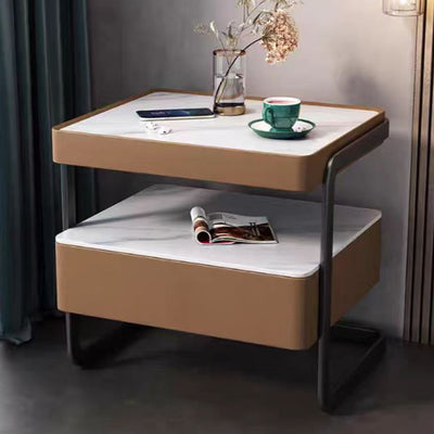 Mesita de noche rectangular moderna minimalista de losa de roca, vidrio, cuero PU, madera y acero al carbono con 1 cajón para dormitorio y sala de estar 