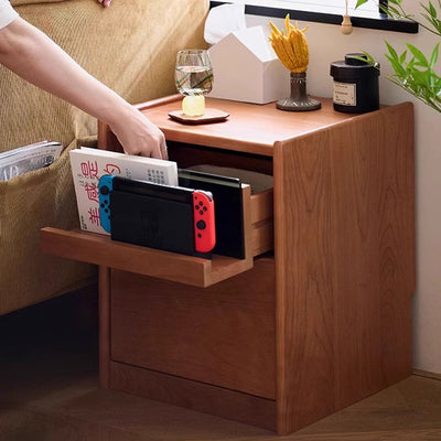 Mesita de noche rectangular de madera maciza nórdica contemporánea con 2 cajones para dormitorio y sala de estar 
