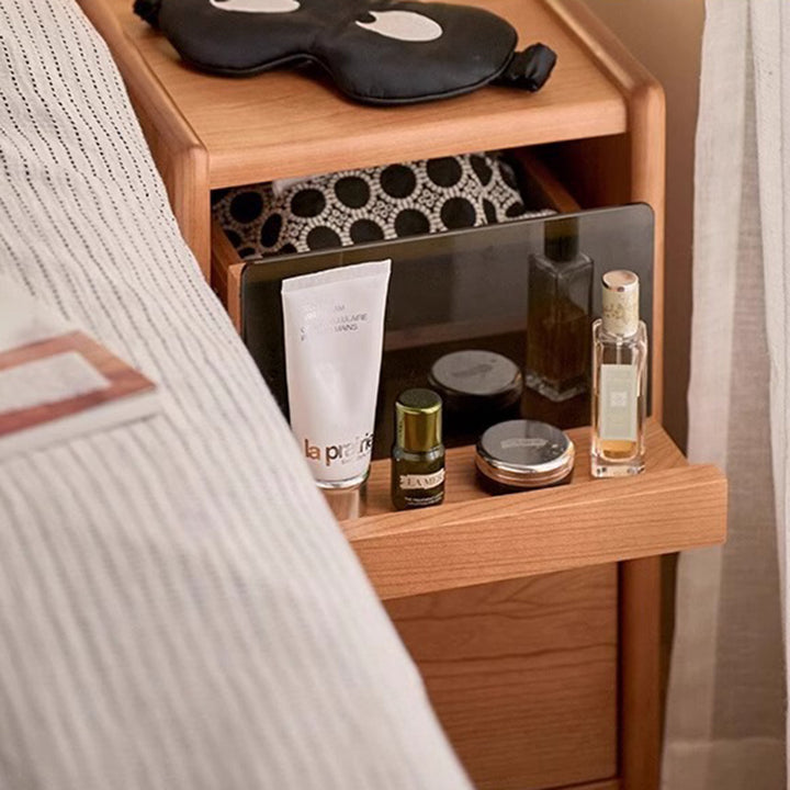 Table de chevet rectangulaire en bois massif nordique contemporain avec 2 tiroirs pour chambre et salon 