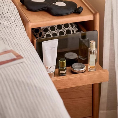 Mesita de noche rectangular de madera maciza nórdica contemporánea con 2 cajones para dormitorio y sala de estar 
