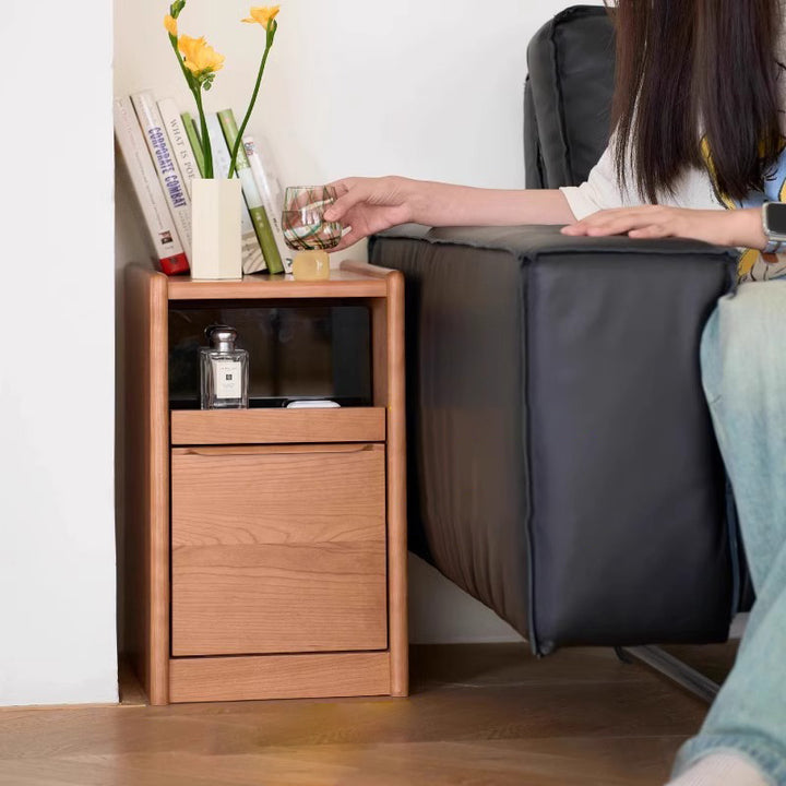 Table de chevet rectangulaire en bois massif nordique contemporain avec 2 tiroirs pour chambre et salon 